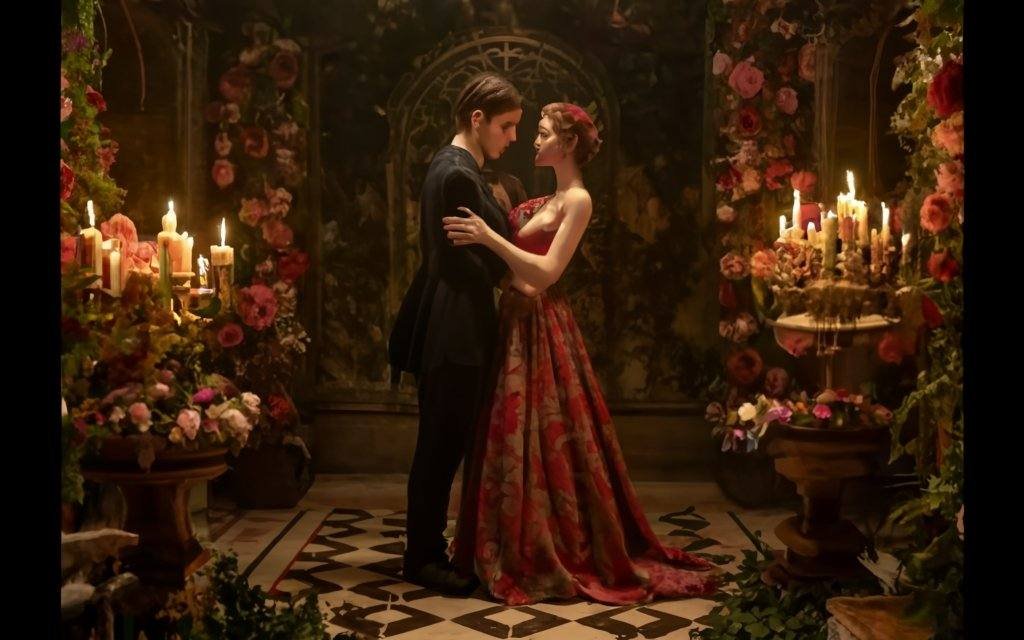 Amidst the shadows of an ornate, clandestine garden, our protagonists share an intimate moment.